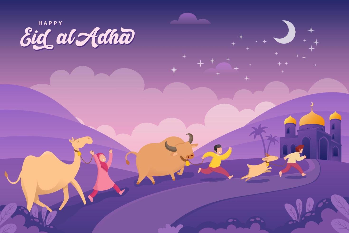 tarjeta de felicitación eid al-adha. niños musulmanes de dibujos animados traen animales para el sacrificio en eid al adha mubarak vector