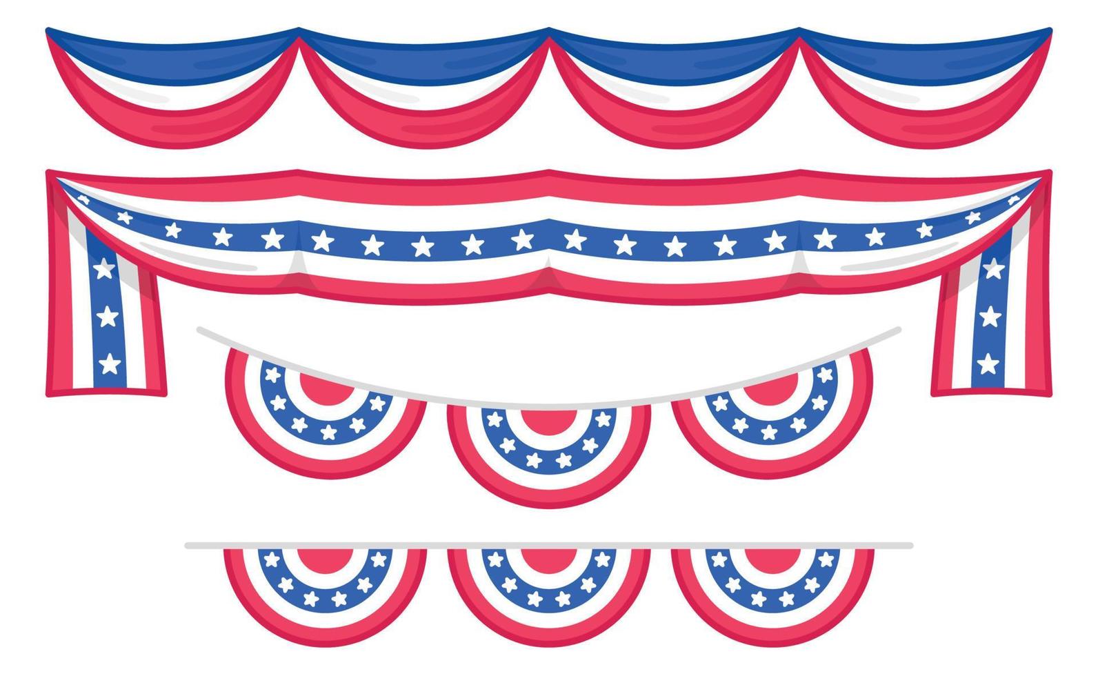 stage decoration with flag silk velvet Curtains or draperies in celebration of American Independence Day or memorial kawaii doodle flat vector illustration