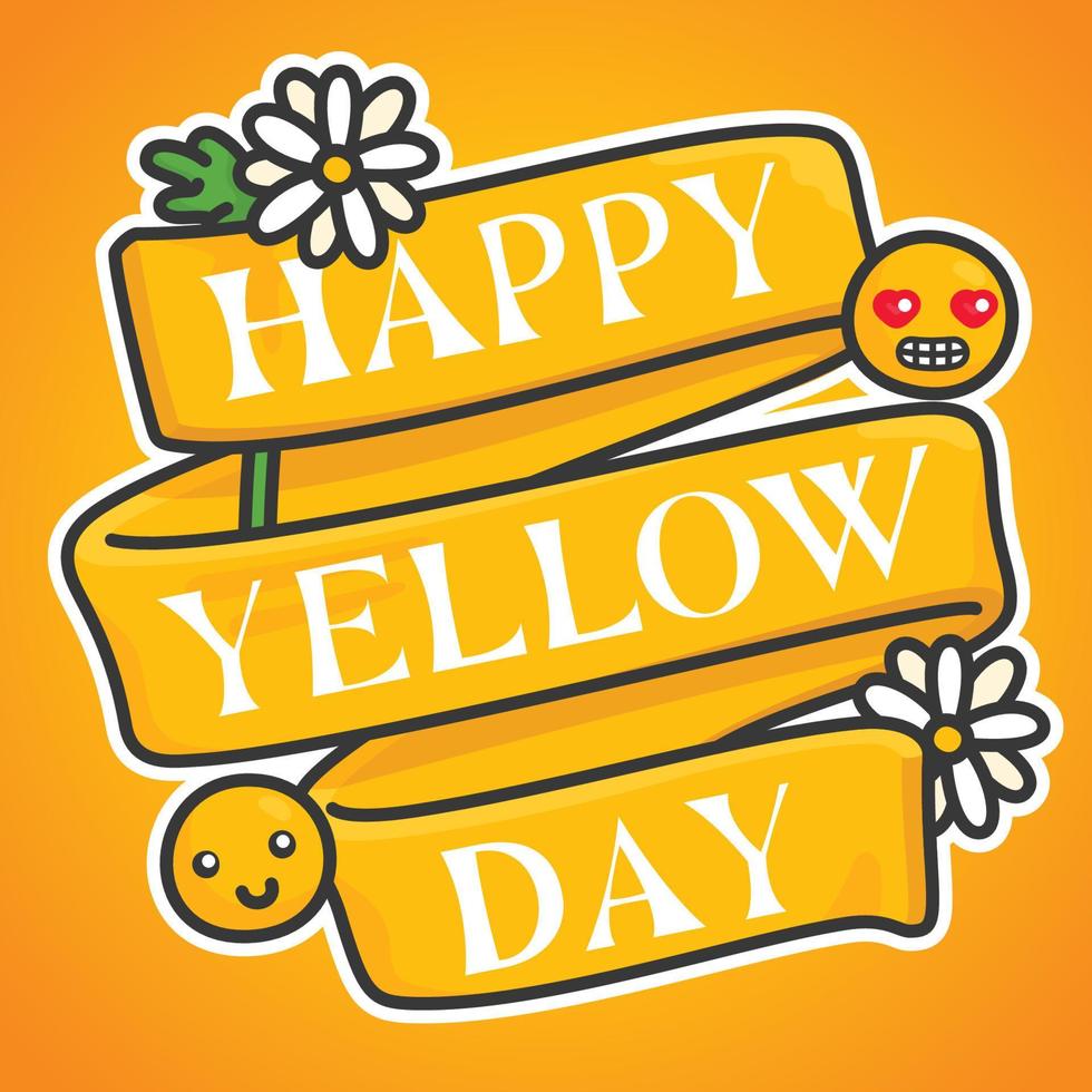 feliz día amarillo texto en bandera de cinta amarilla y daisy kawaii garabato ilustración vectorial plana vector