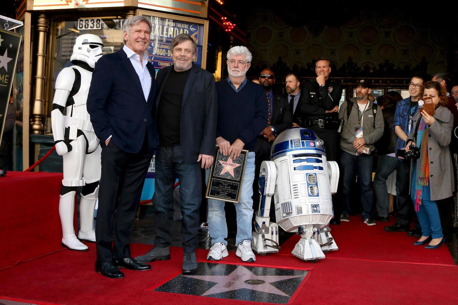 LOS ANGELES - MAR 8  Harrison Ford, Mark Hamill, George Lucas at the Mark Hamill Star Ceremony on the Hollywood Walk of Fame on March 8, 2018 in Los Angeles, CA photo