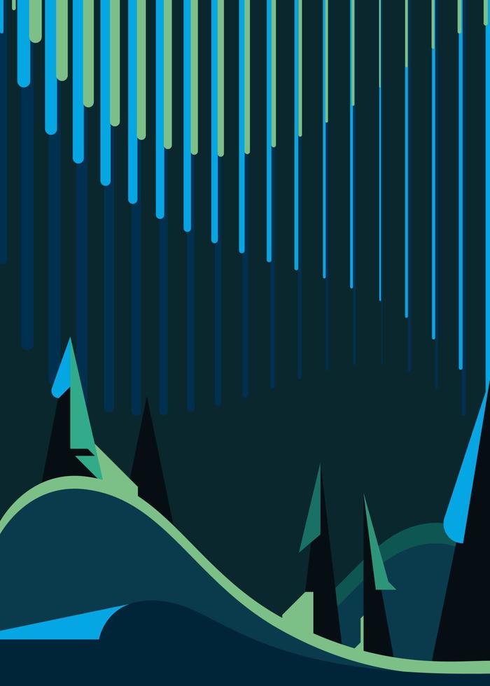Poster with aurora borealis and forest. vector
