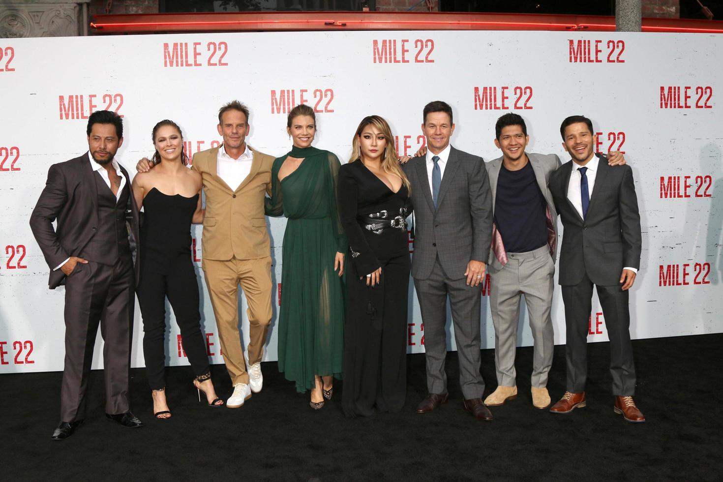 LOS ANGELES   AUG 9 - Sam Medina, Ronda Rousey, Peter Berg, Lauren Cohan, CL, Mark Wahlberg, Iko Uwais, Carlo Alban at the Mile 22 Premiere at the Village Theater on August 9, 2018 in Westwood, CA photo