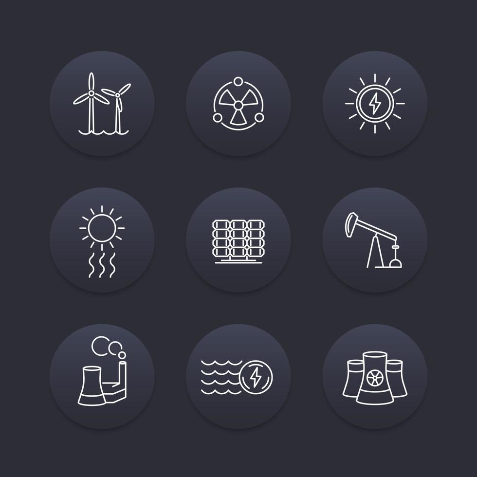 Power, energy production, energetics, nuclear energy line icons, dark set, vector illustration