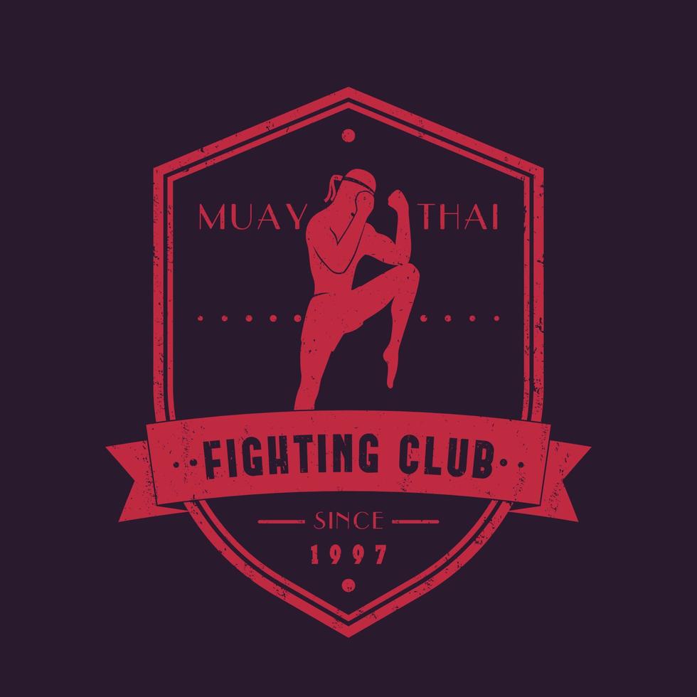 Muay Thai fighting club vintage emblem with fighter, logo, print, vector illustration