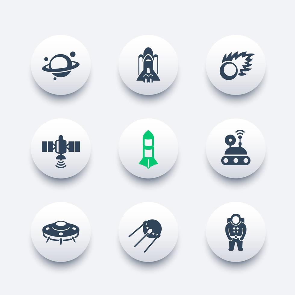 Space icons set, rocket, asteroid, UFO, astronaut, satellite, space probe, shuttle, spaceship, planet, comet, vector illustration