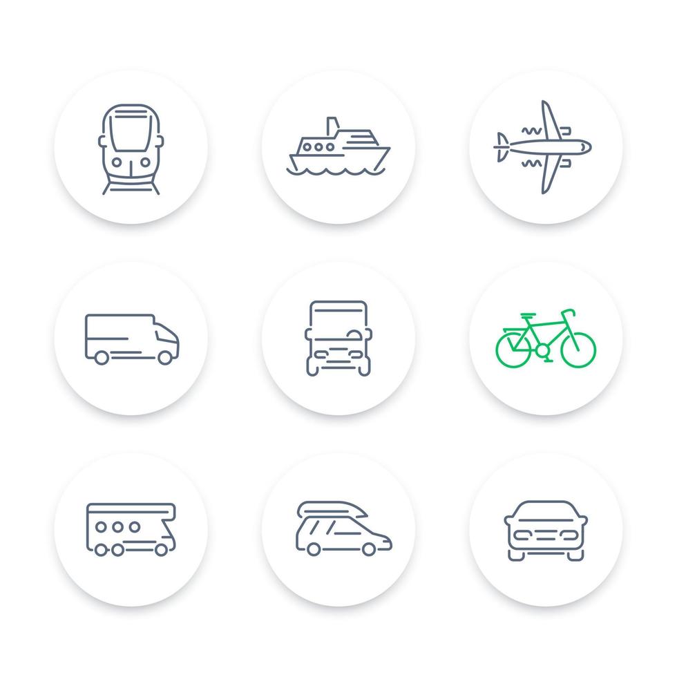 Transport line icons, car, van, bus, train, airplane, ship, round icons set, vector illustration