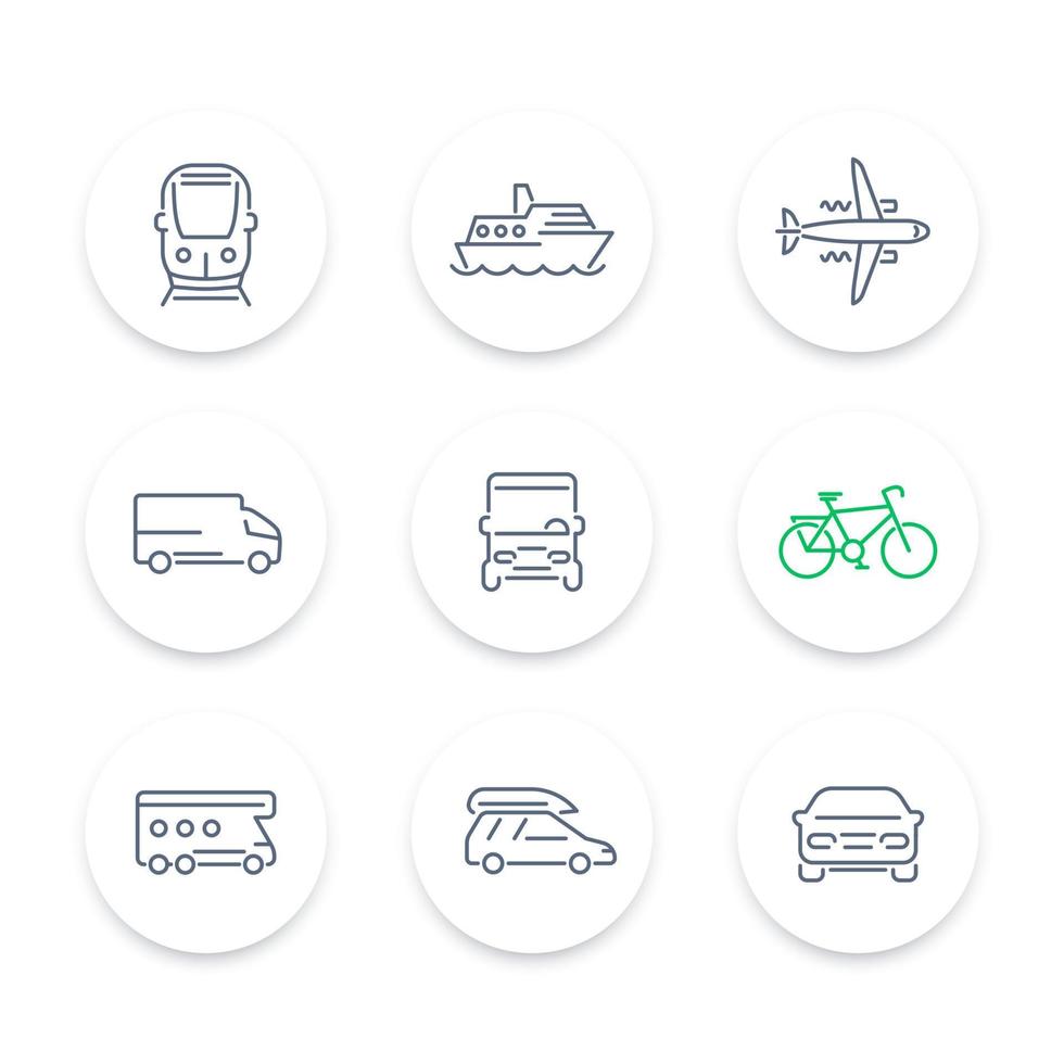 iconos de línea de transporte, coche, furgoneta, autobús, tren, avión, barco, conjunto de iconos redondos, ilustración vectorial vector