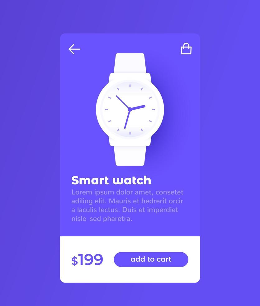 diseño de aplicaciones móviles de comercio electrónico y compras, comprar reloj inteligente en línea vector