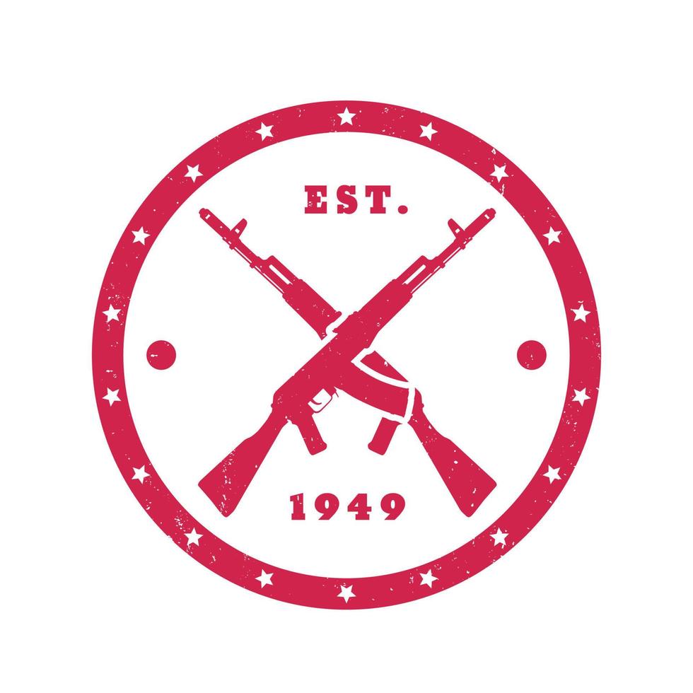 crossed assault rifles, guns, round red emblem on white, vector illustration