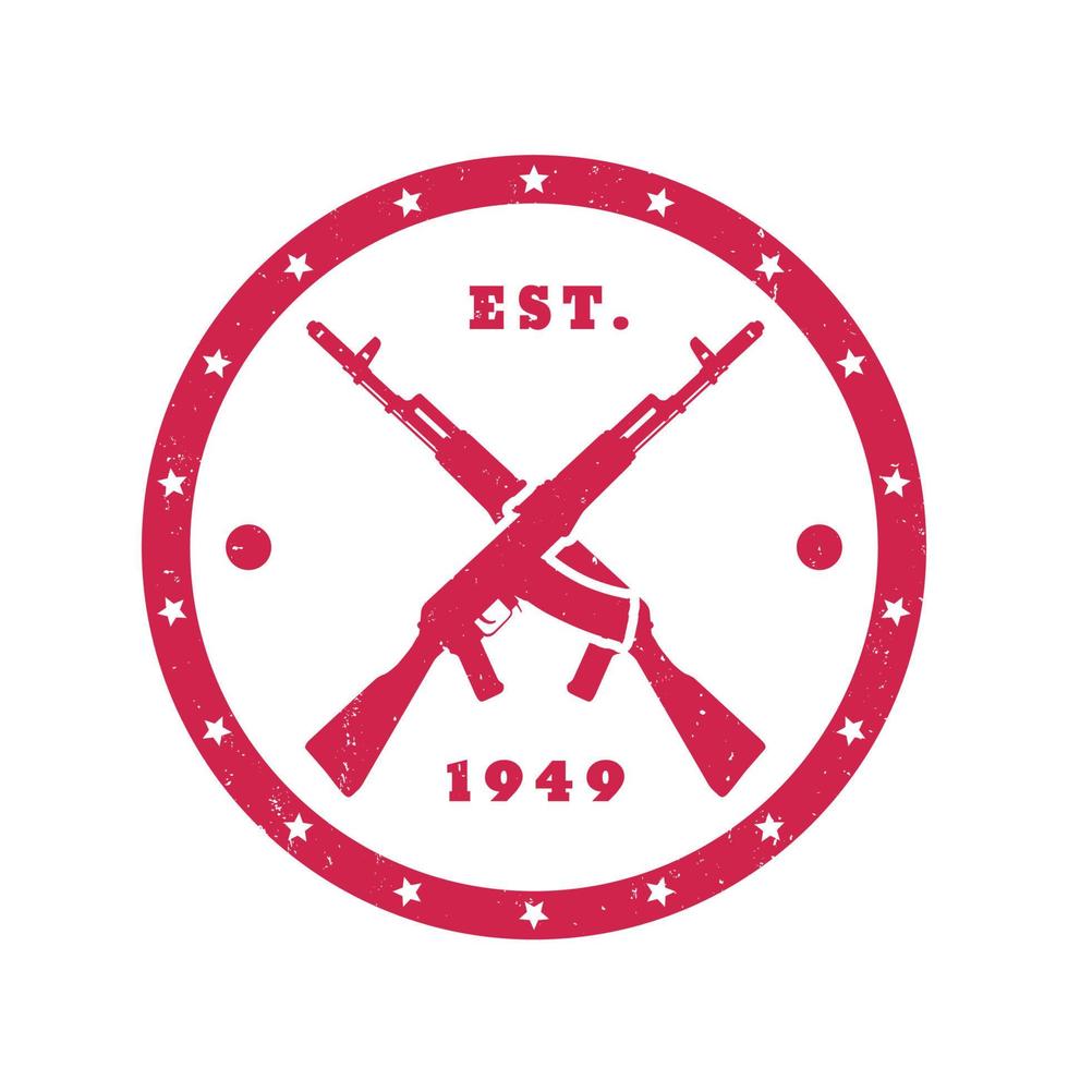 rifles de asalto cruzados, pistolas, emblema rojo redondo en blanco, ilustración vectorial vector