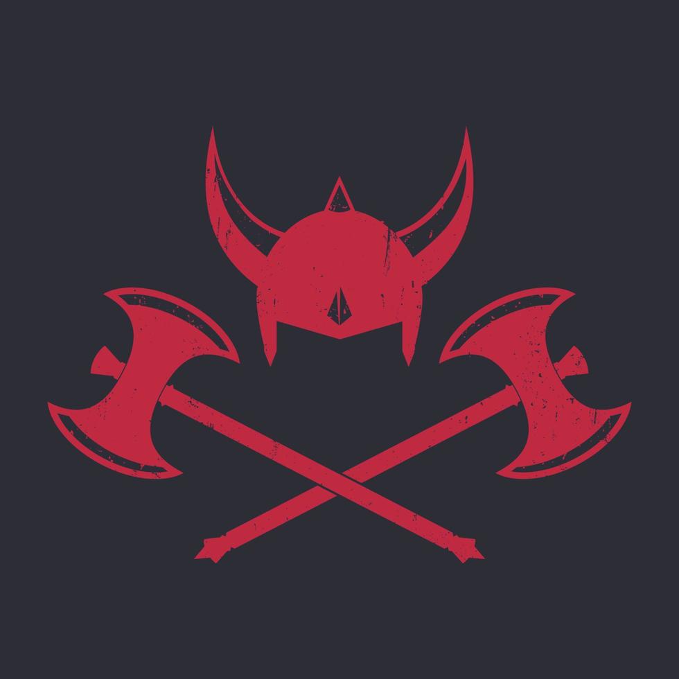 casco vikingo y hachas de batalla, rojo sobre fondo oscuro, ilustración vectorial vector