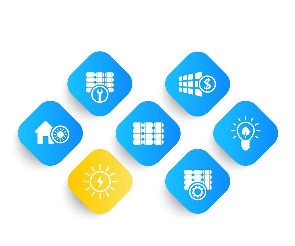 Solar energy, panels, alternative energetics and renewable energy use icons set vector