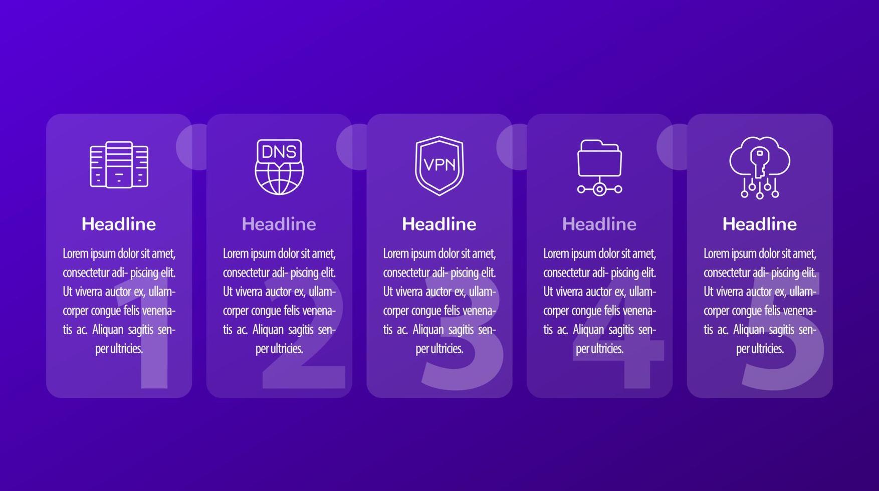 alojamiento, infografías dns y vpn, diseño de banner de 1, 2, 3, 4, 5 pasos con iconos de vector de línea