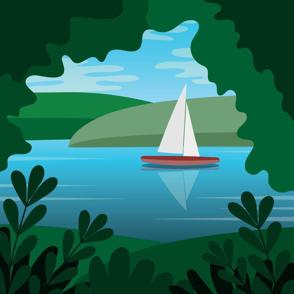 Summer landscape with a sailboat on the river. View through the green bushes. Vector illustration.