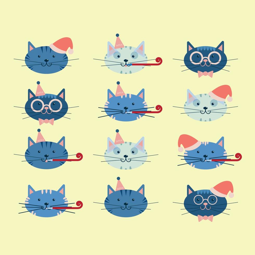 feliz año nuevo 2023. conjunto de gatos con atributos de vacaciones. ilustración vectorial plana. vector