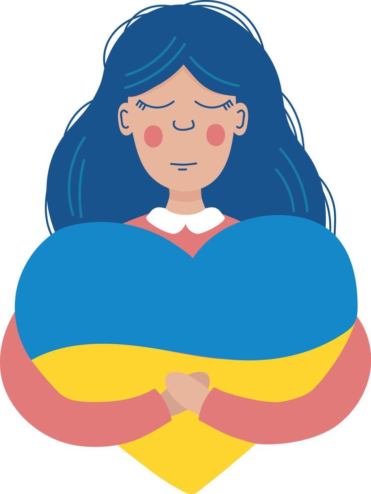 Support for Ukraine. The girl hugs a heart with the colors of the flag of Ukraine. Stay with ukraine concept vector