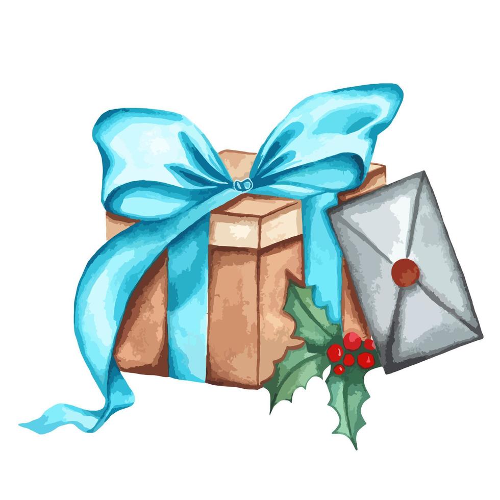 watercolor illustration of gift box with blue bow and letter for celebrating New Year and Christmas vector