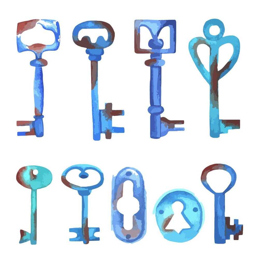 watercolor set of old rusty keys, hand-drawn on white background. Vintage elements. Blue keys vector