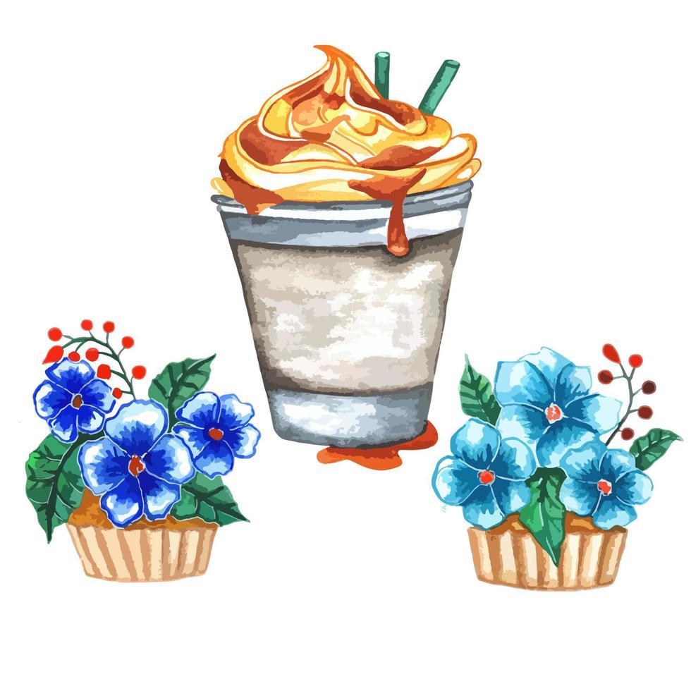 conjunto de dulces helados en taza de café, pasteles con flores. dibujo de acuarela sobre fondo blanco vector