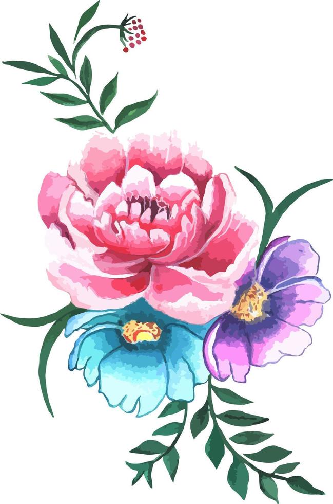 ramo de acuarela de flores con peonías y anémonas azules y moradas. arreglos florales coloridos vector