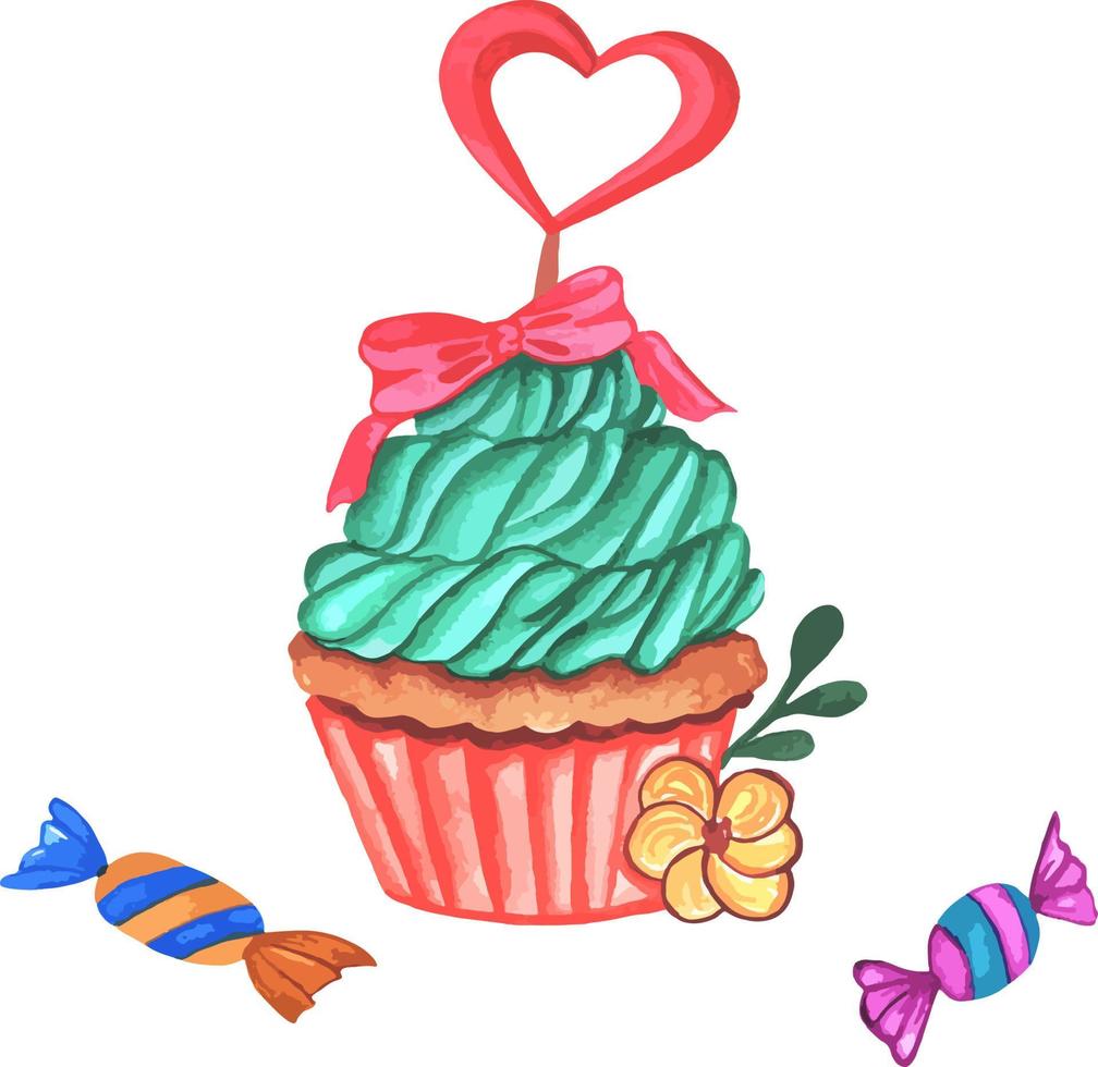 Watercolor cupcake with green cream, with yellow flower and heart together with two sweets vector