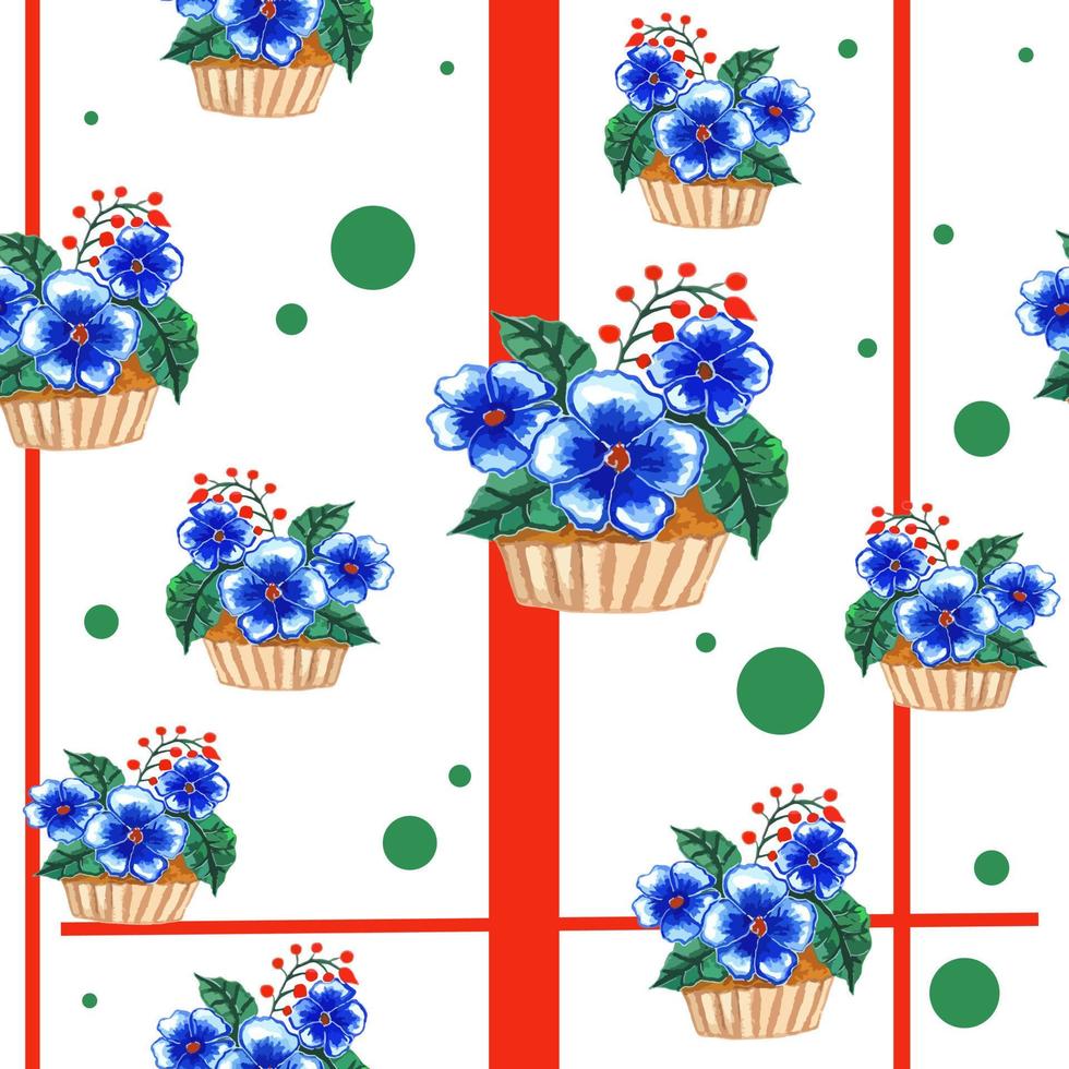 hermoso patrón de acuarela sin costuras de canasta de pasteles, cupcakes decorados con tres flores azules sobre fondo rojo rayado. elegante estampado floral para tela, diario, ropa de cama, menú, bolsos vector