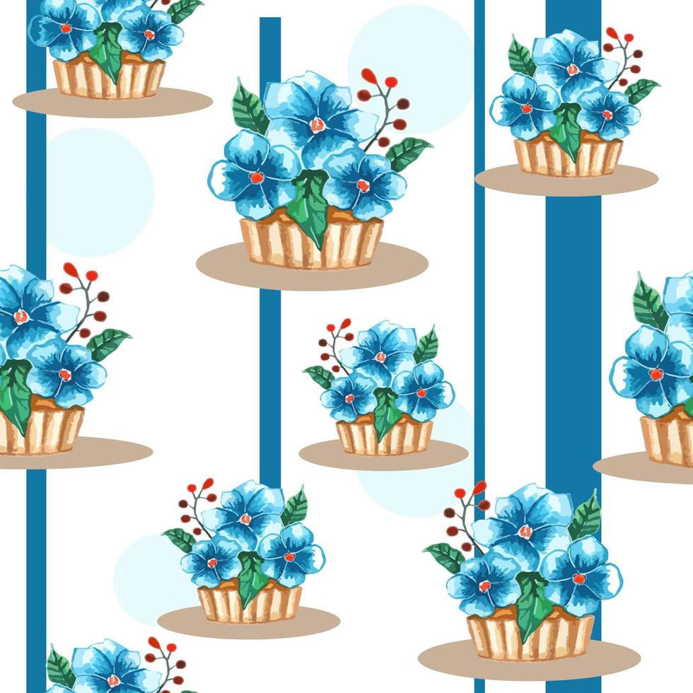 patrón de acuarela sin costuras de cesta de bizcocho, cupcake, magdalenas, galletas de mantequilla decoradas con tres flores azules sobre fondo azul rayado. estampado floral para tela, diario, lino, menú, bolsa vector