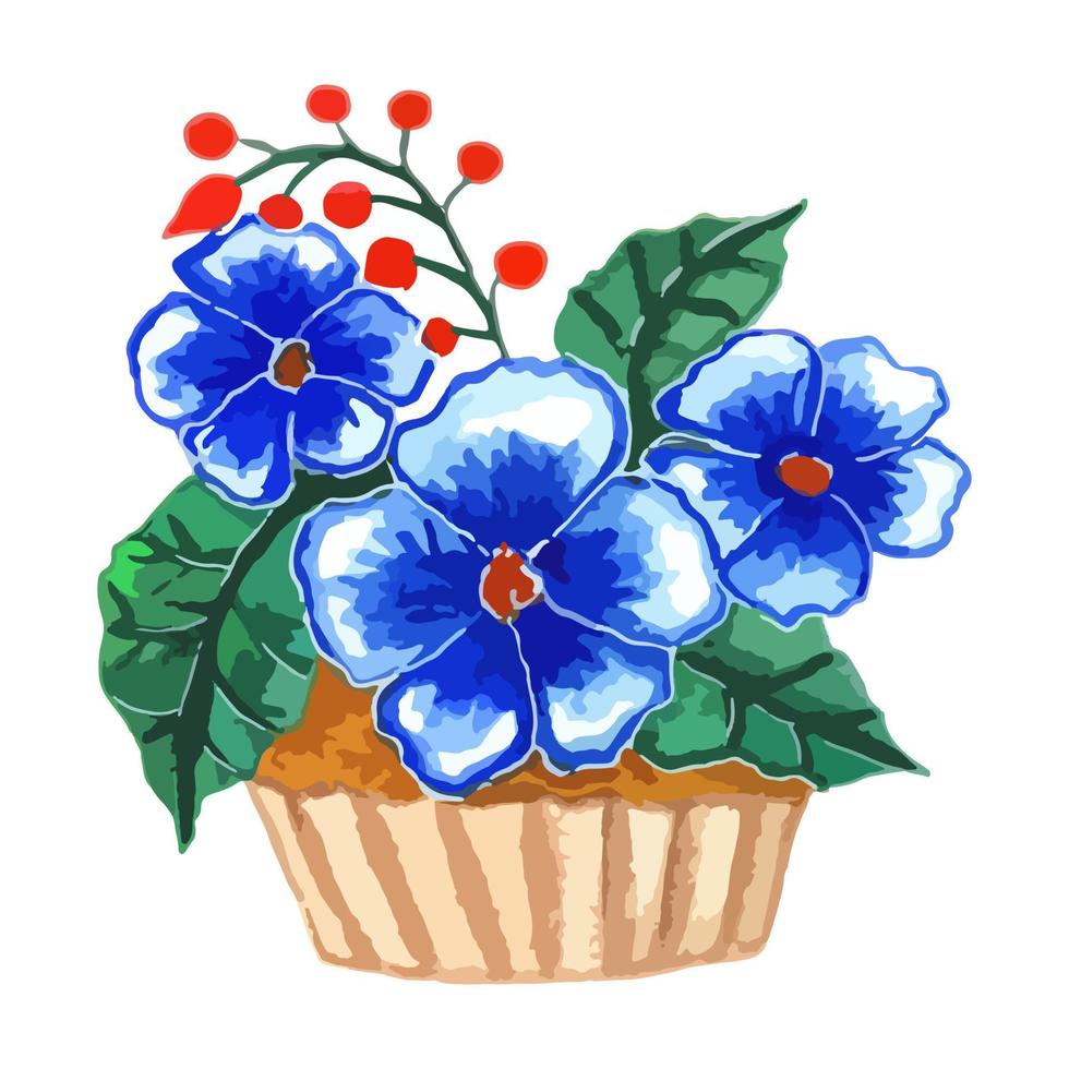 bizcocho, muffin decorado con tres flores azules, pensamientos con hojas, nomeolvides. un elemento vector