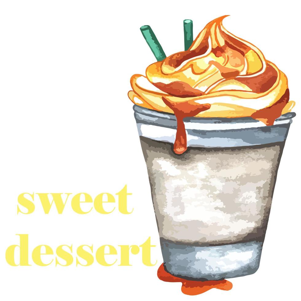 milkshake, coffee drink with foam and caramel. two tubes for drink. sweet dessert. one element vector
