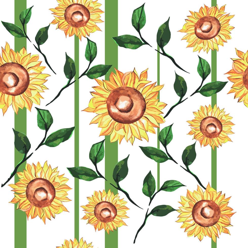 hermoso patrón de acuarela sin costuras de flores de girasol con hojas y ramitas sobre fondo rayado. elegante estampado floral para tela, diario, ropa de cama vector