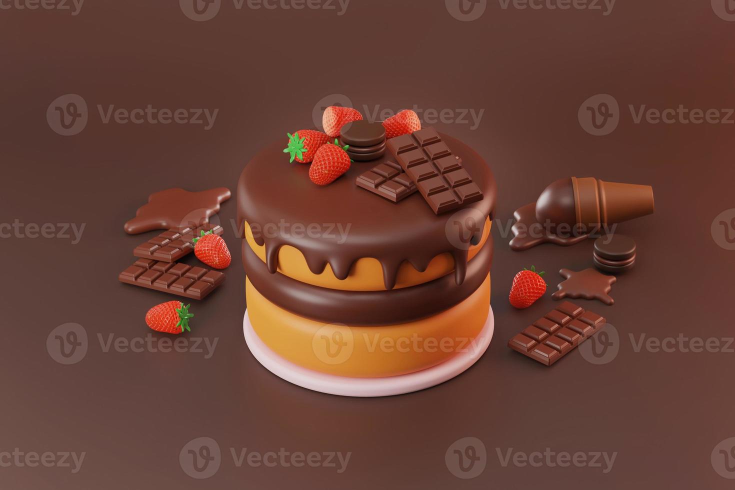 Chocolate cake melting homemade ingredient with red strawberry topping background for advertsing 3d illustration photo