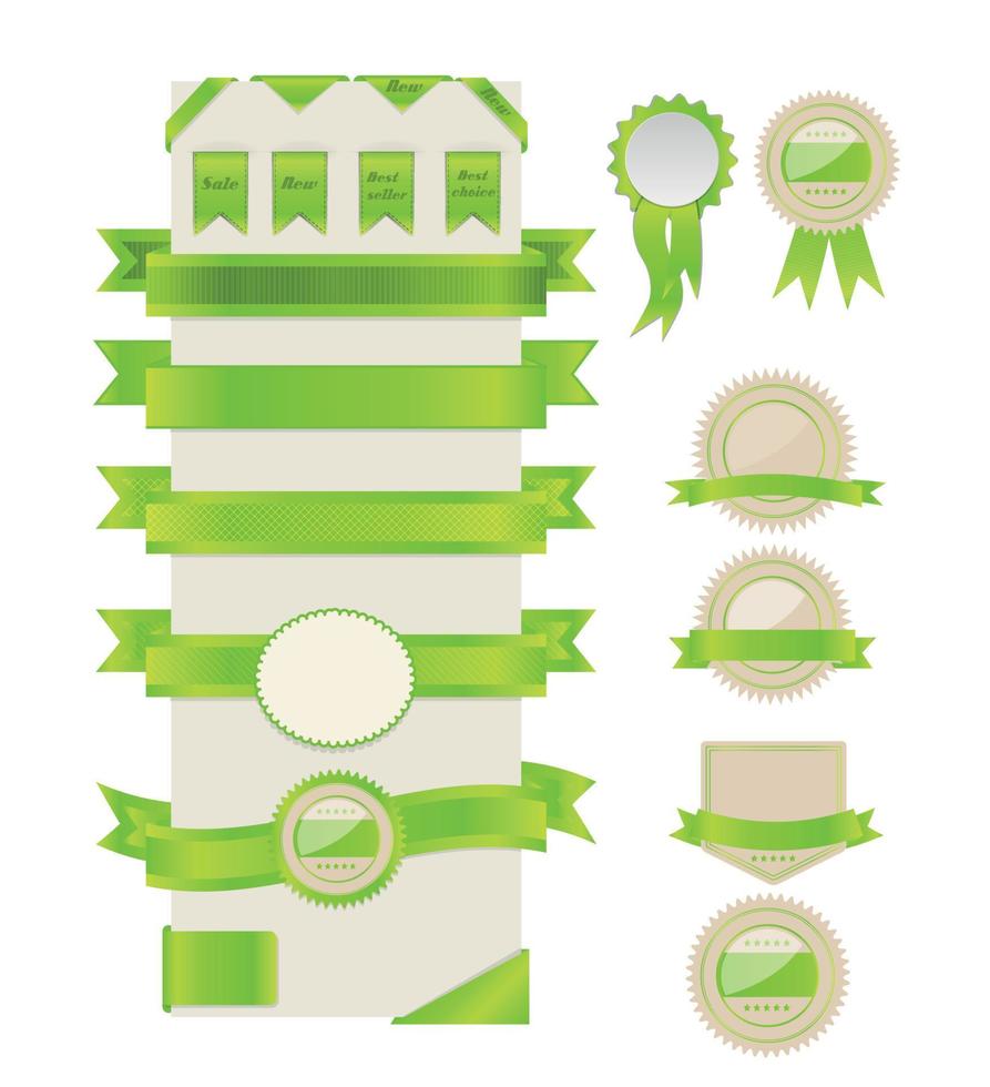 Green ribbons and labels. Vector illustration.