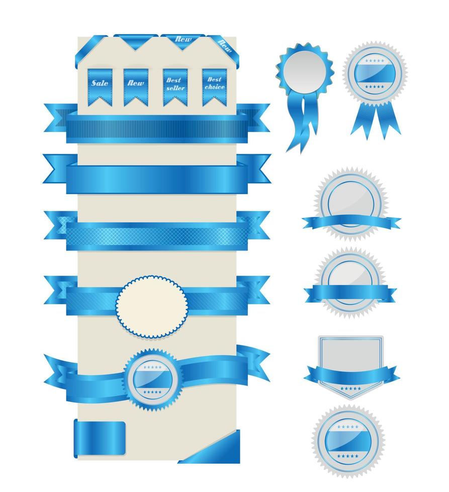 Blue ribbons and labels. Vector illustration.