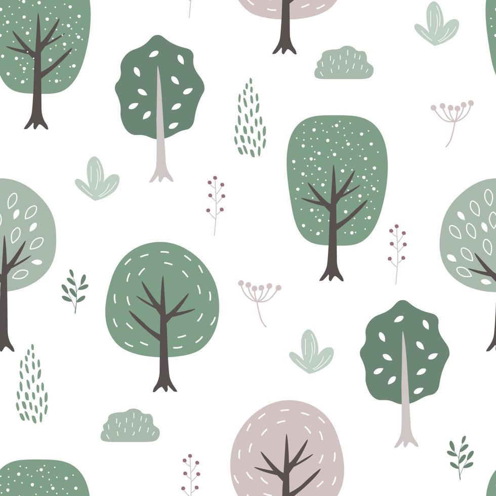 Seamless pattern with a simple Scandinavian ornament with a forest. Abstract trees with leaves, bushes, branches with berries. Vector graphics.