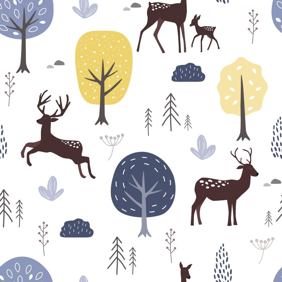Seamless pattern with a simple natural Scandinavian ornament with a forest, deer. Abstract trees with leaves, bushes, branches with berries. Vector graphics.