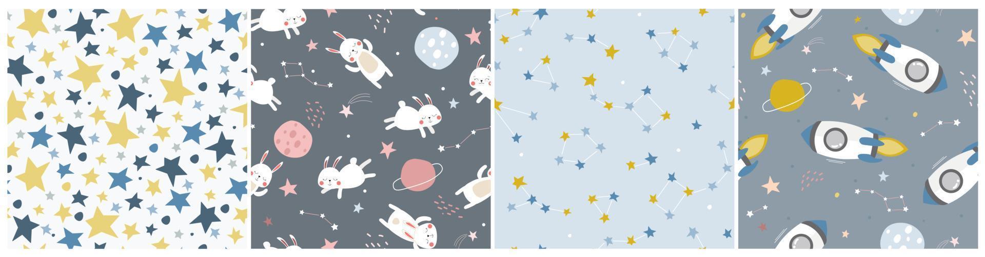 A set of seamless patterns with outer space. Rockets, rabbits, stars in the universe. Children's abstract cute pattern. Vector graphics.