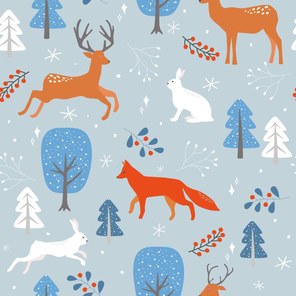 Seamless pattern with a simple Scandinavian winter ornament with a forest. Abstract snow trees with leaves, bushes, branches with berries. Vector graphics.