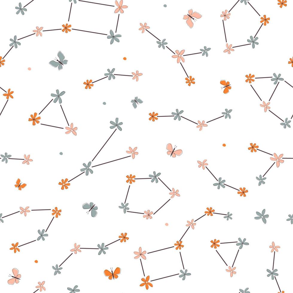 patrón impecable con constelaciones del cielo estrellado. estampado romántico de ensueño floral con mariposas. gráficos vectoriales vector