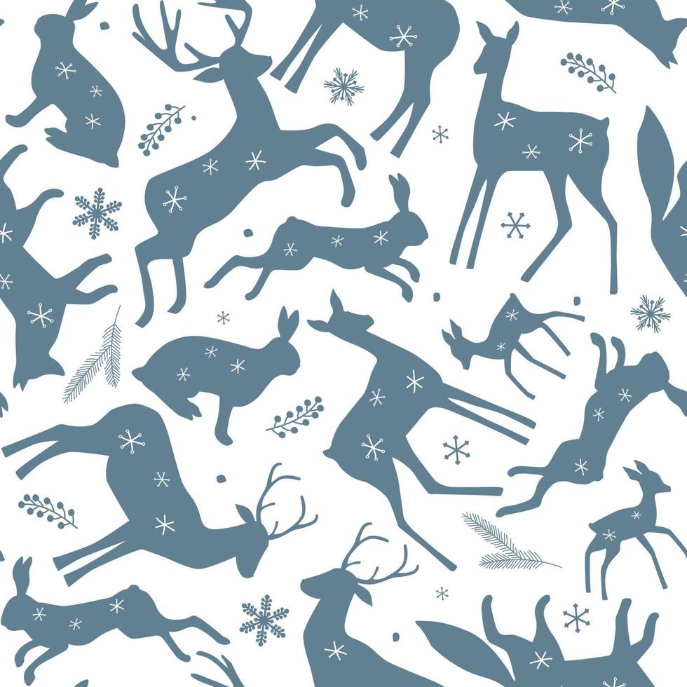 patrón impecable con siluetas de animales salvajes del bosque, hojas. ornamento natural de invierno con liebres, zorros, ciervos, copos de nieve. gráficos vectoriales vector