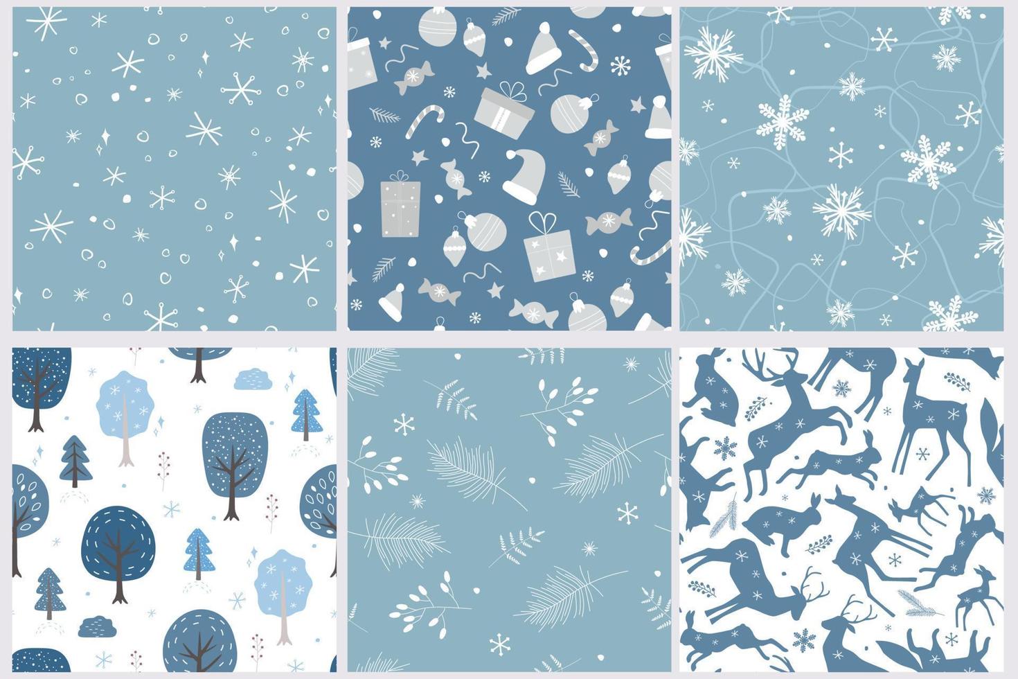 A set of seamless patterns with a winter Christmas ornament. Snowy forest, silhouettes of animals, gifts, snowflakes, sweets. Vector graphics.
