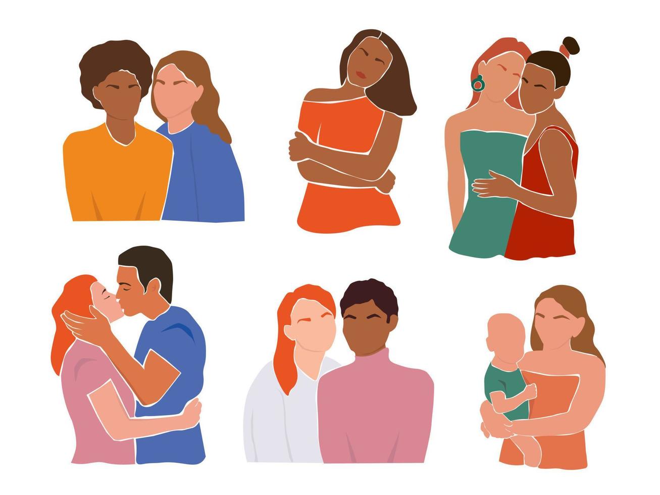 personas contemporáneas abstractas hombres, mujeres, niños se abrazan. el concepto de amor, amistad, unidad, maternidad. hermosas chicas en vestidos de verano. gráficos vectoriales vector