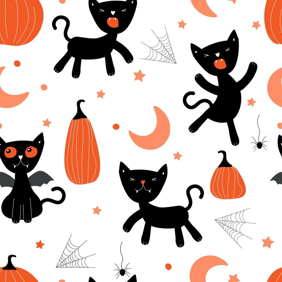 Seamless pattern with the Halloween holiday. Funny black cats, pumpkins, spider webs, moon and stars. Vector graphics.