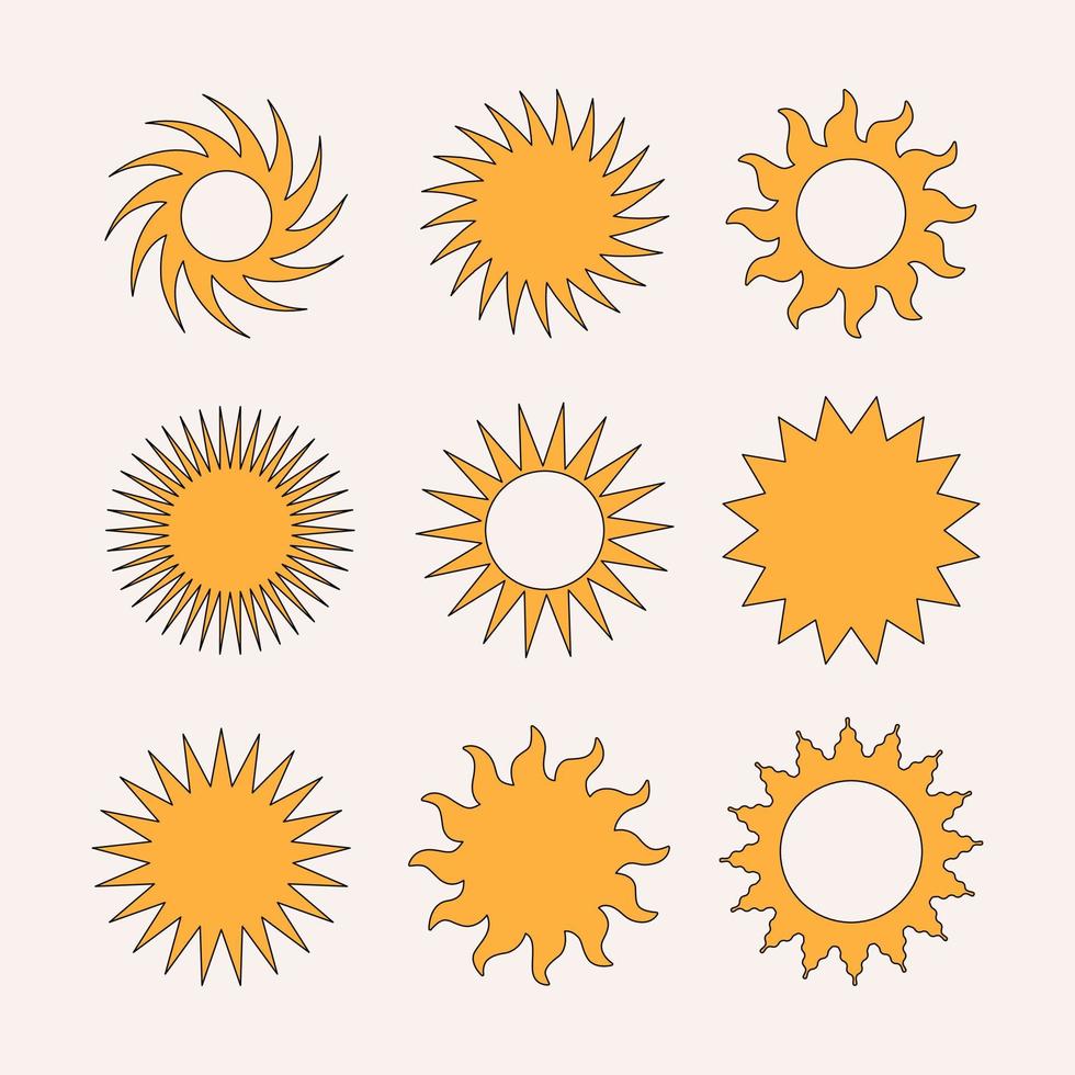 Retro collection simple hippie sun in style 60s, 70s. Trendy design templates. Vector illustration