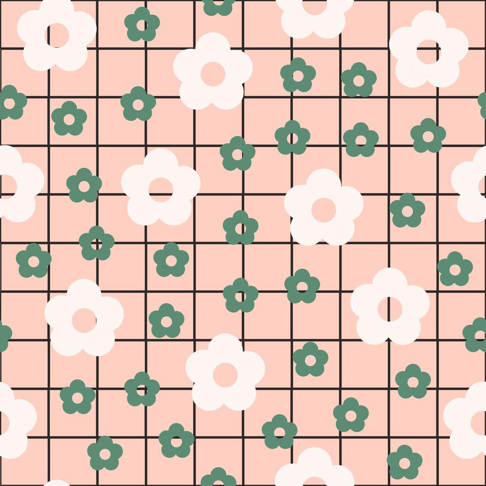 Abstract seamless pattern with white and green vintage groovy daisy flowers on checkered background. Retro vector background in style 60s, 70s