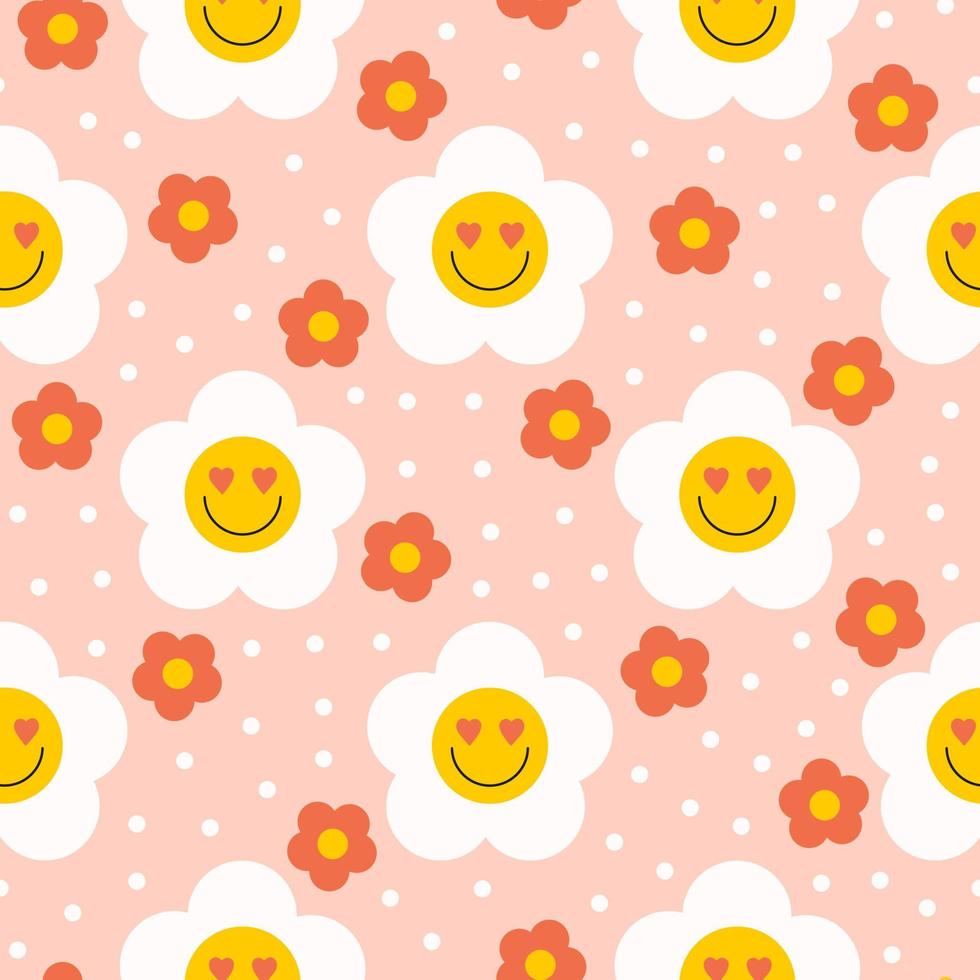 Retro groovy seamless pattern with smiling flowers on a pastel background. Cute colorful trendy vector illustration in style 60s, 70s