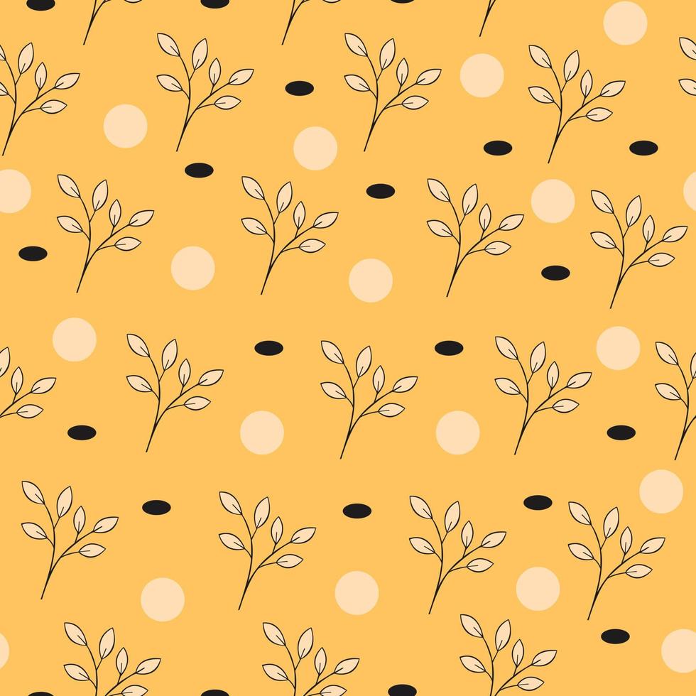 Floral vintage seamless pattern with elegant branches and blobs on a yellow background. Trendy vector illustration