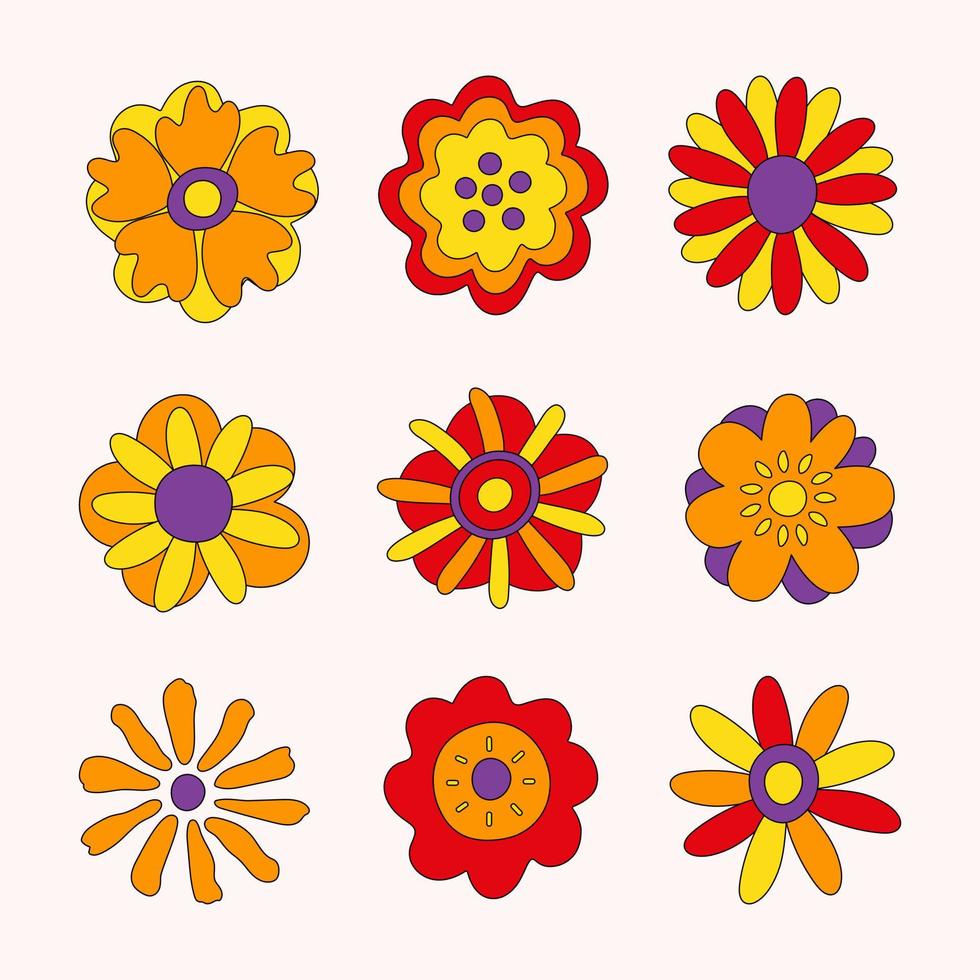 Retro collection of colorful hippie flowers. Vintage festive groovy botanical design. Trendy vector illustration in 70s and 80s style.