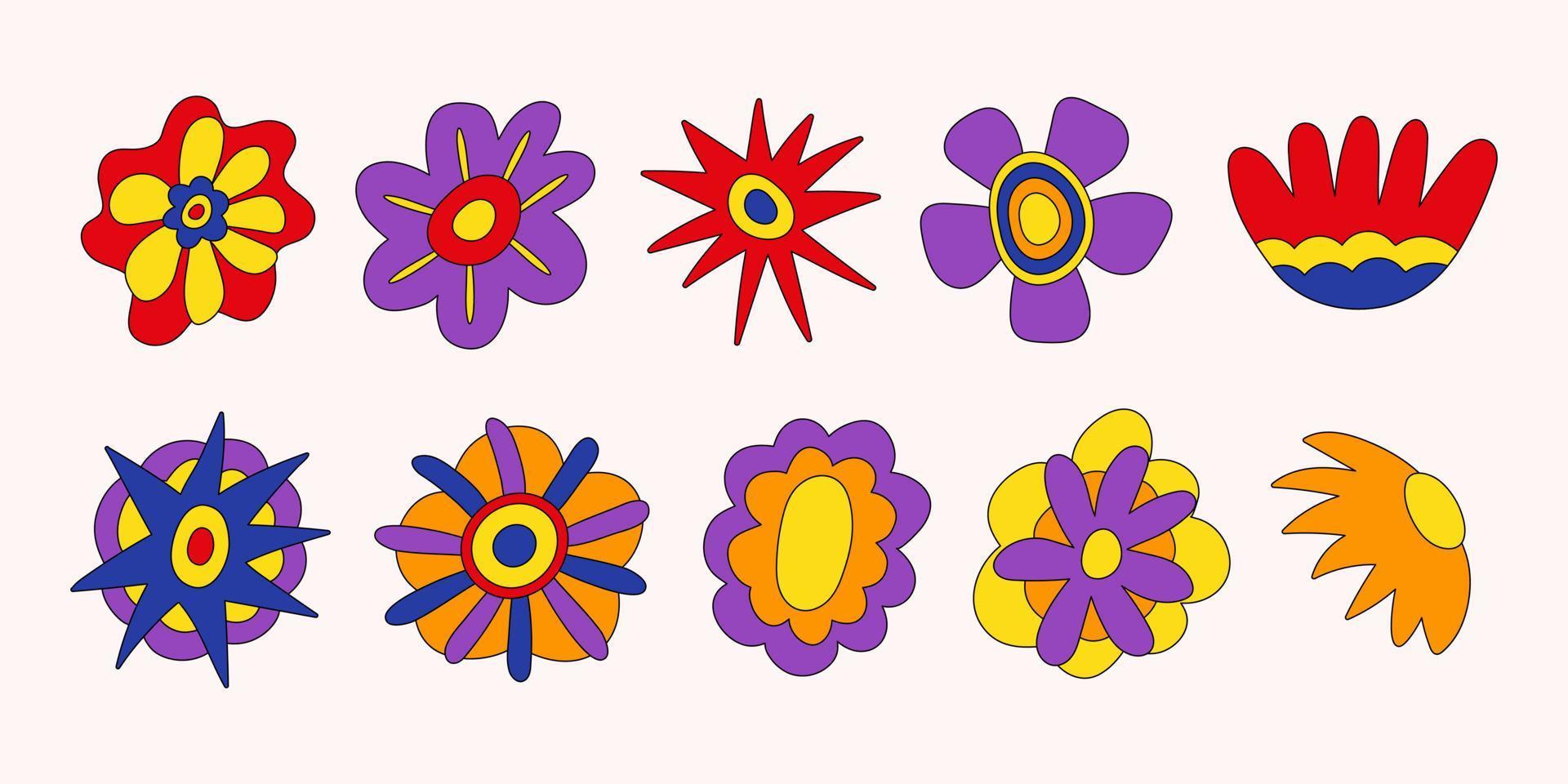 Retro collection of colorful hippie flowers. Vintage festive groovy botanical design. Trendy vector illustration in 70s and 80s style.