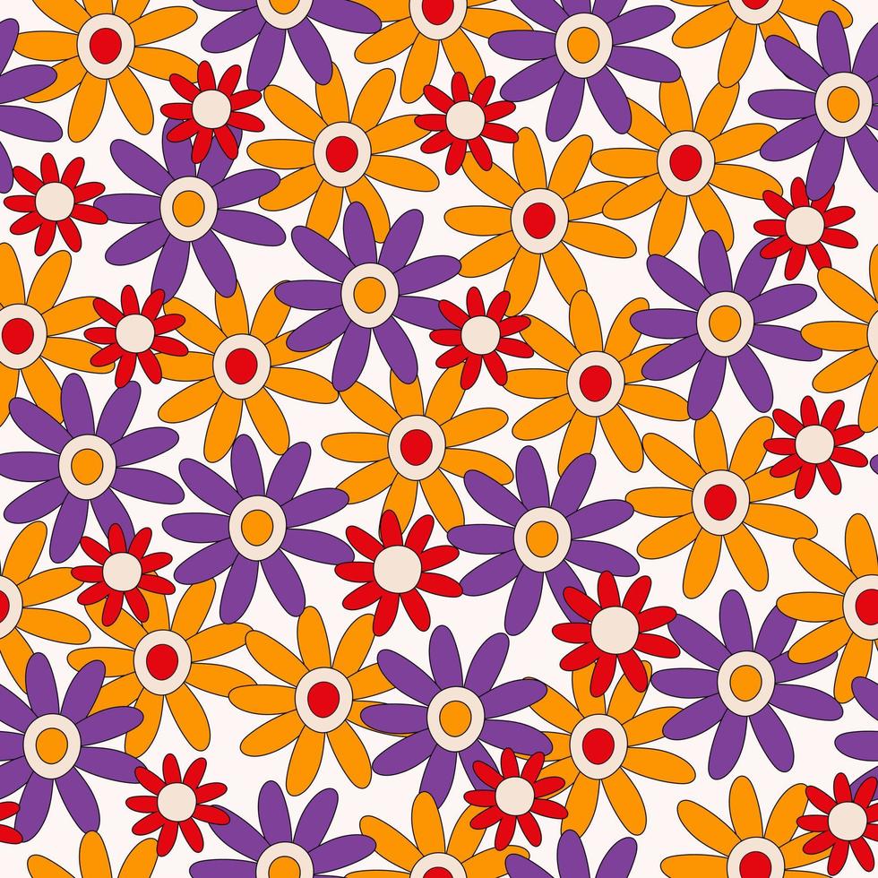 Retro seamless pattern of colorful hippie flowers. Vintage festive groovy botanical design. Trendy vector illustration in 70s and 80s style.