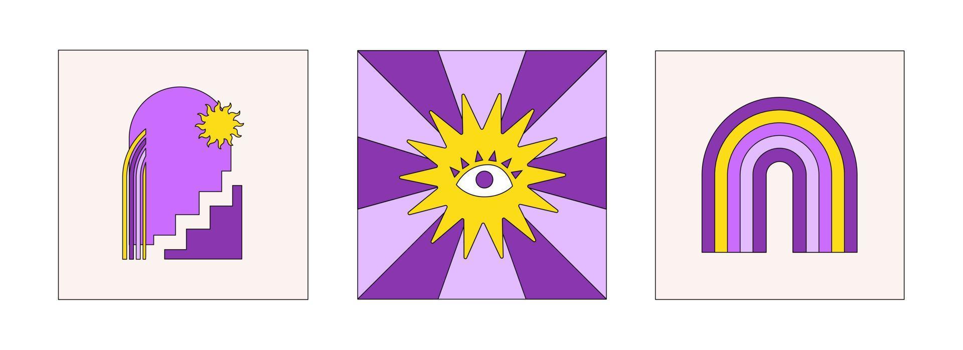 Trendy colorful set of retro backgrounds in style 70s, 80s. Abstract set hippie cards in yellow and purple colors. Vector illustration